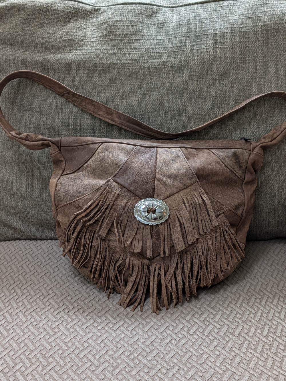 Brown Fringe Shoulder Bag with Silver Concho Accent
